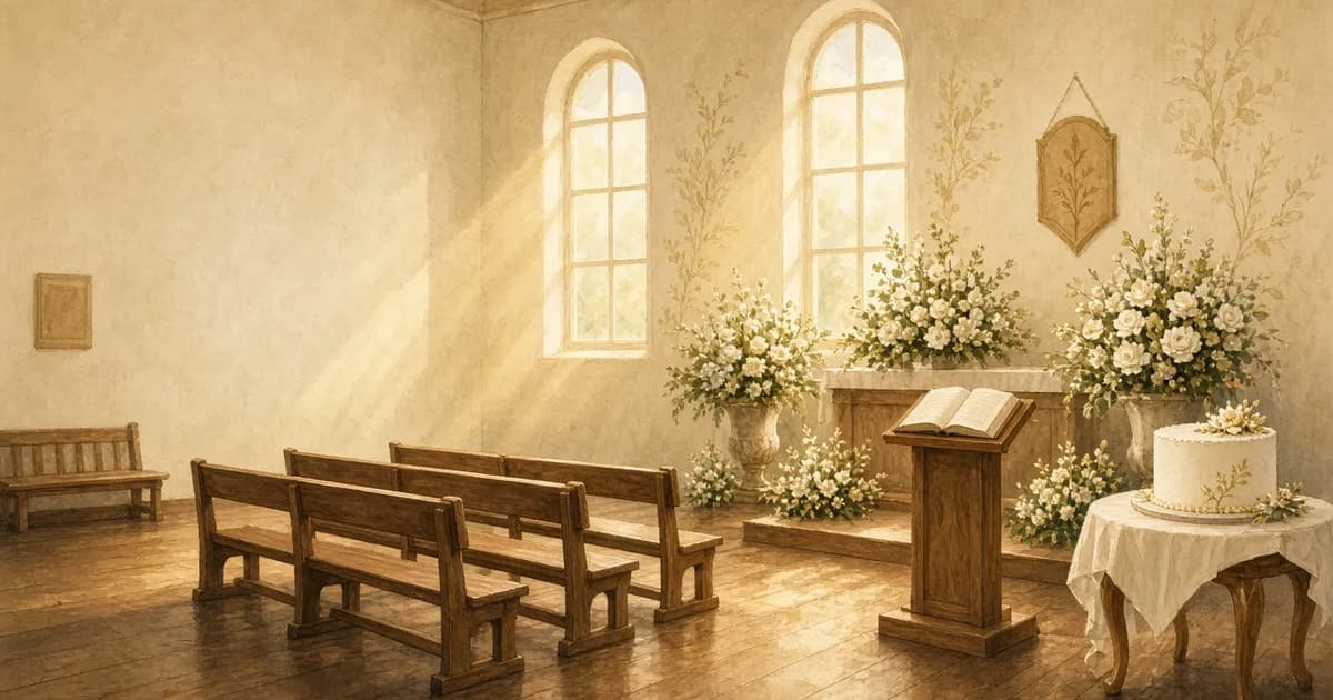 Ilustração de igreja decorada para o culto de aniversário, com flores, Bíblia aberta e bolo