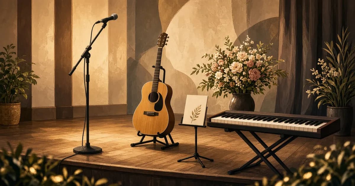 Ilustração de palco de igreja com microfone e instrumentos preparado para uma homenagem ao líder de louvor