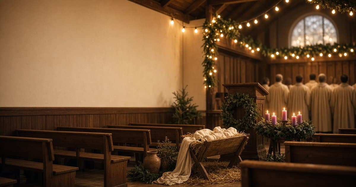 Igreja decorada para o culto de Natal, com manjedoura, coroa do Advento com velas acesas e coral ao fundo