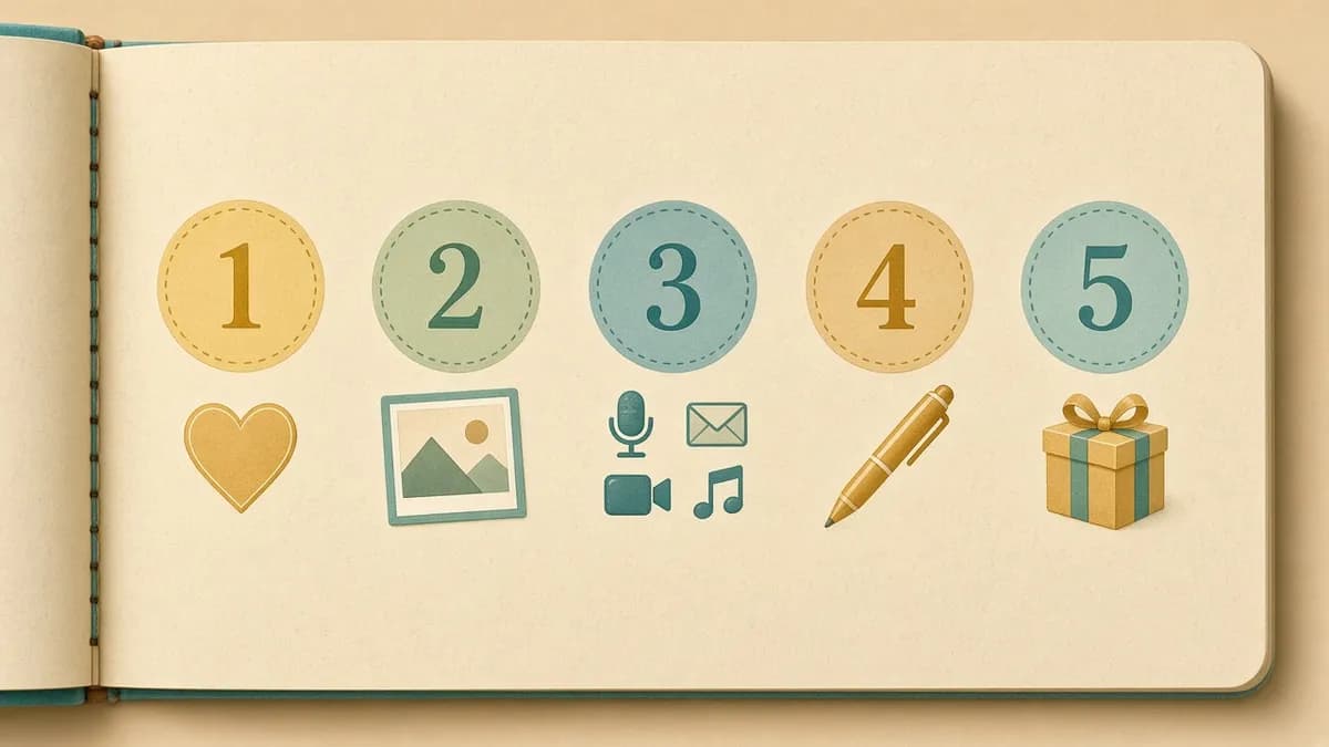 Ilustração com os 5 passos para fazer uma homenagem: ocasião, memórias, formato, texto e momento