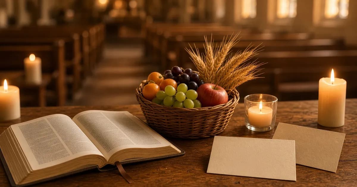 Mesa com Bíblia aberta, cesta de frutos e cartões de gratidão para o culto de ação de graças de fim de ano
