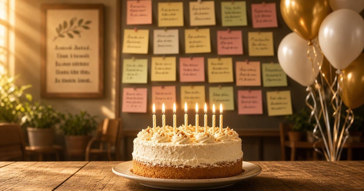 Bolo de aniversário com velas acesas diante de um mural de bilhetes de gratidão da igreja para o pastor