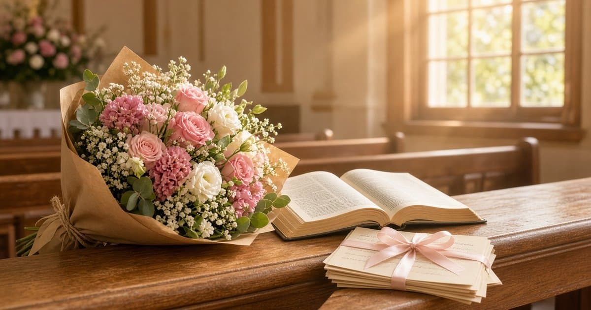 Buquê de flores, Bíblia aberta e cartas de agradecimento sobre o banco da igreja, para a homenagem à esposa do pastor