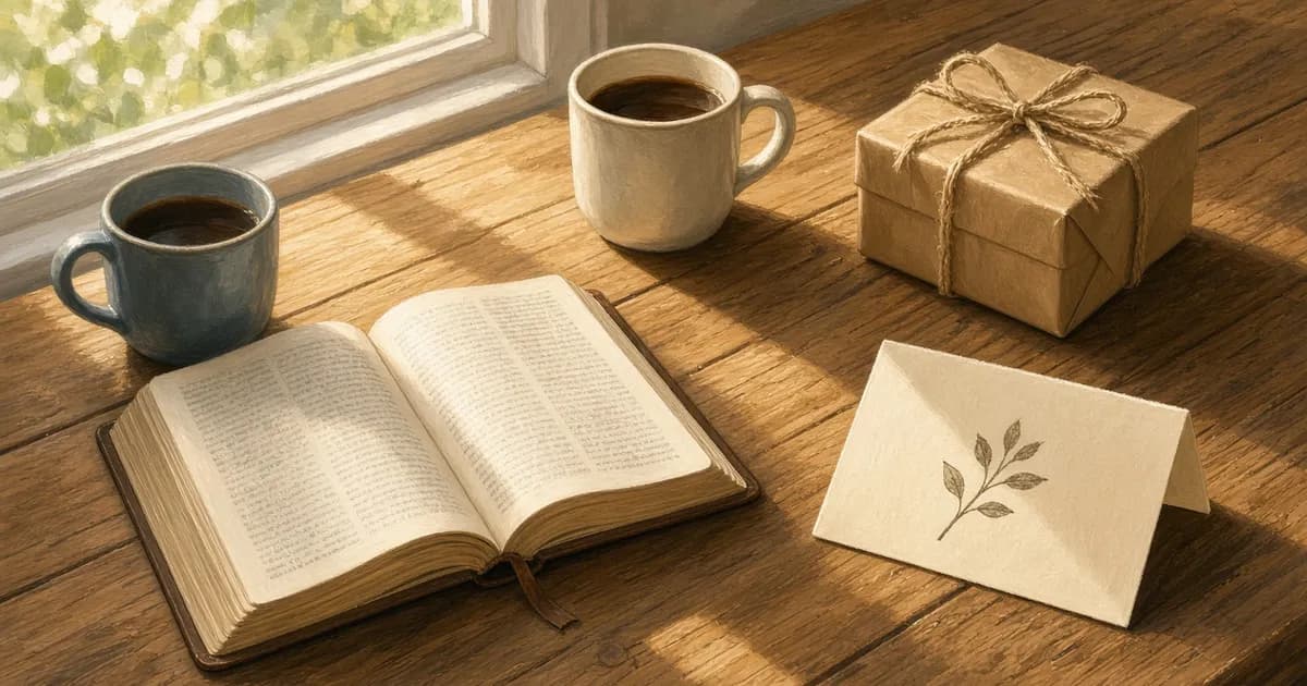 Ilustração de cartão de homenagem para irmão sobre a mesa ao lado de uma Bíblia aberta e duas canecas de café