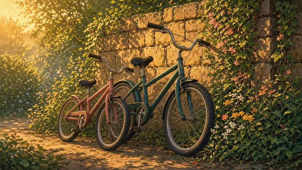 Ilustração de duas bicicletas encostadas uma na outra, lembrança de infância entre irmãos
